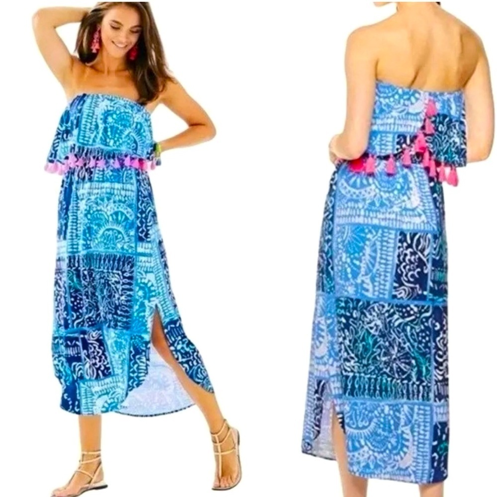 Lilly Pulitzer Midi Dress Meridian Deep Indigo Back Flounce  Tassel Medium